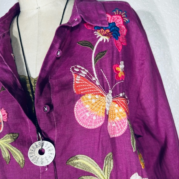Johnny Was Gracie Butterfly European Linen Button Up Violet NWT - Picture 2 of 6